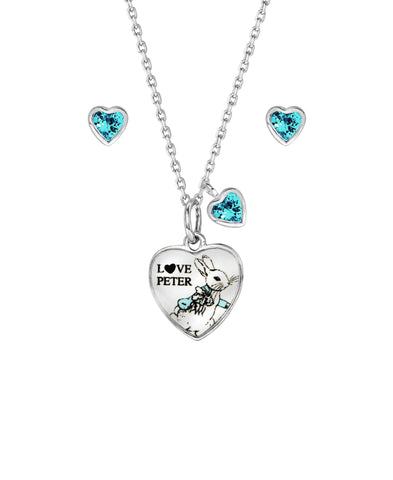 Beatrix Potter Peter Rabbit Pendant and Blue Cubic Zirconia Earring Set - Rhona Sutton Jewellery